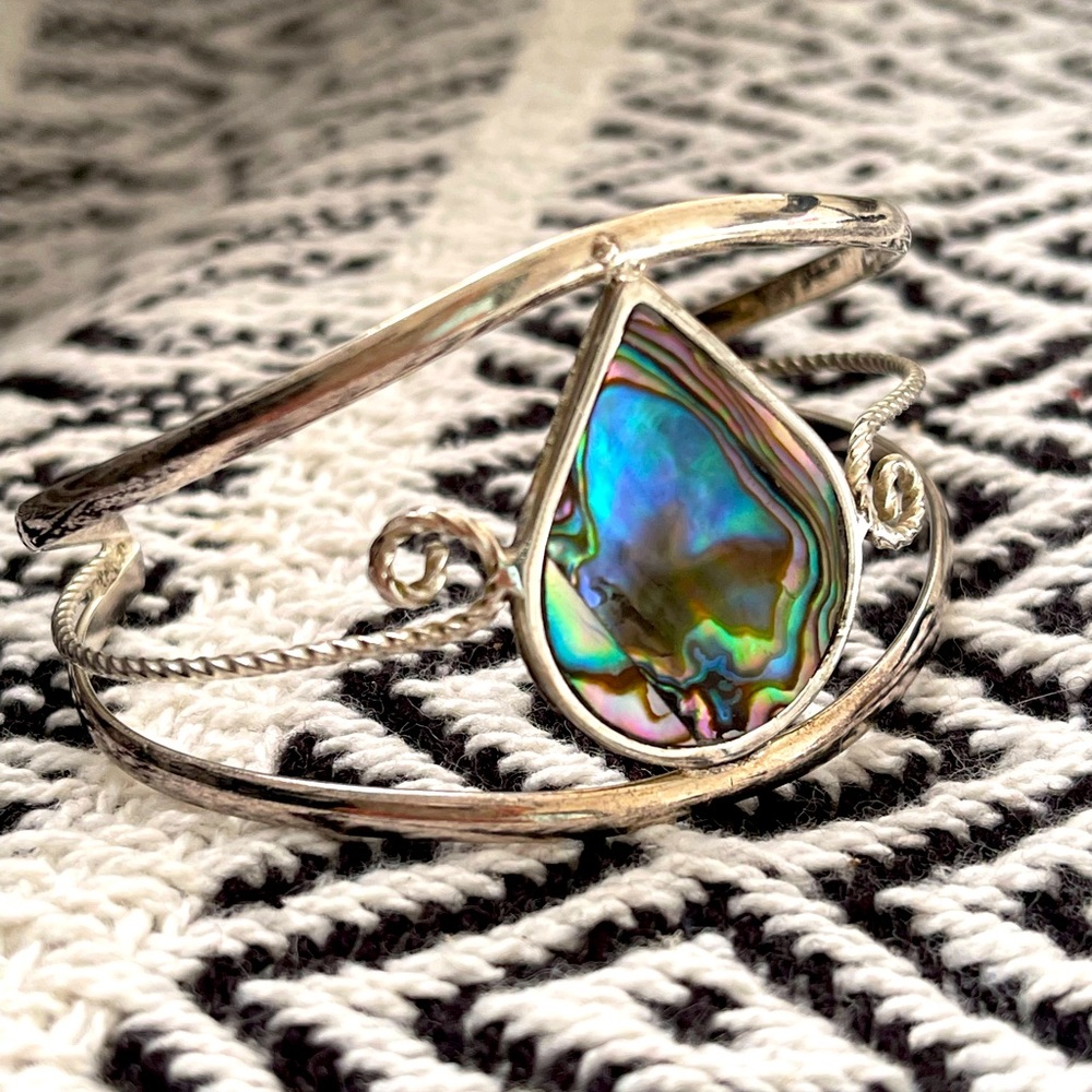 ALPACA MEXICO SILVER VTG|Teardrop Abalone Mother of Pearl Cuff Bracelet